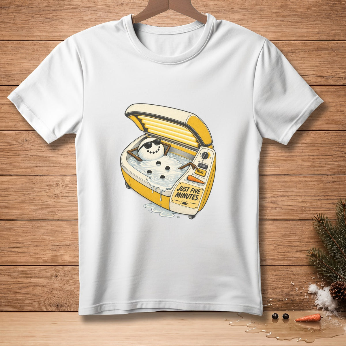Snowman tanning in a yellow tanning bed with sunglasses and the text "JUST FIVE MINUTES".