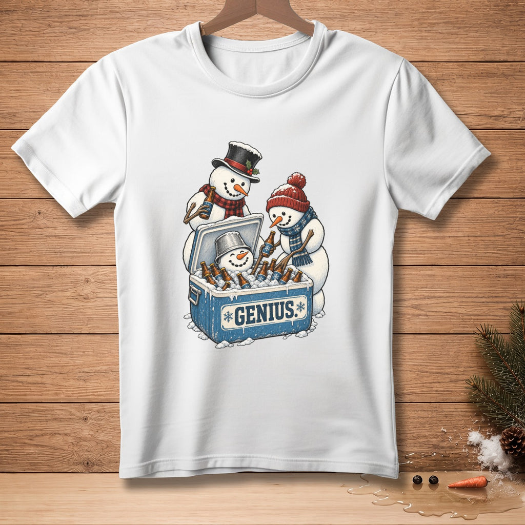 Three snowmen gather around a cooler filled with beer bottles, labeled "Genius".