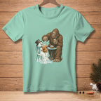 Bigfoot pours ice into a melting snowman's drink, a humorous winter scene.