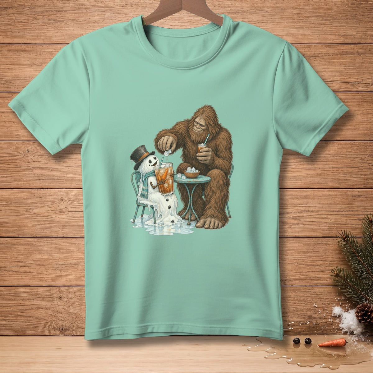 Bigfoot pours ice into a melting snowman's drink, a humorous winter scene.