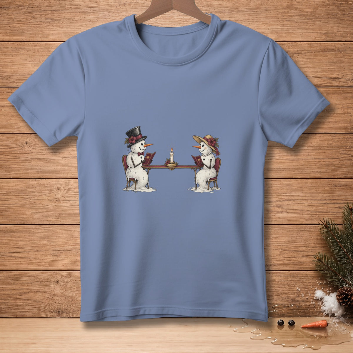 Two melting snowmen sit at a table reading books by candlelight.