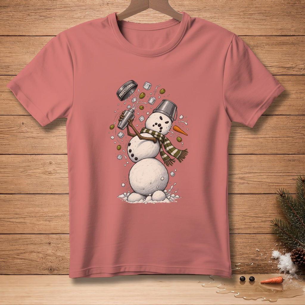 Snowman making a drink with shaker and olives, text "PROFESSIONAL".