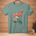 Snowman with sunglasses and flamingo float rides a turquoise scooter, text "Road Ready".