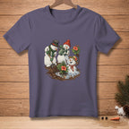 Three snowmen tending to tropical plants, one with a shovel, one watering.