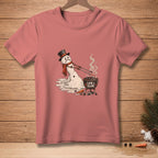 Melting snowman in top hat and scarf grilling hot dogs, text "LOW & SLOW".