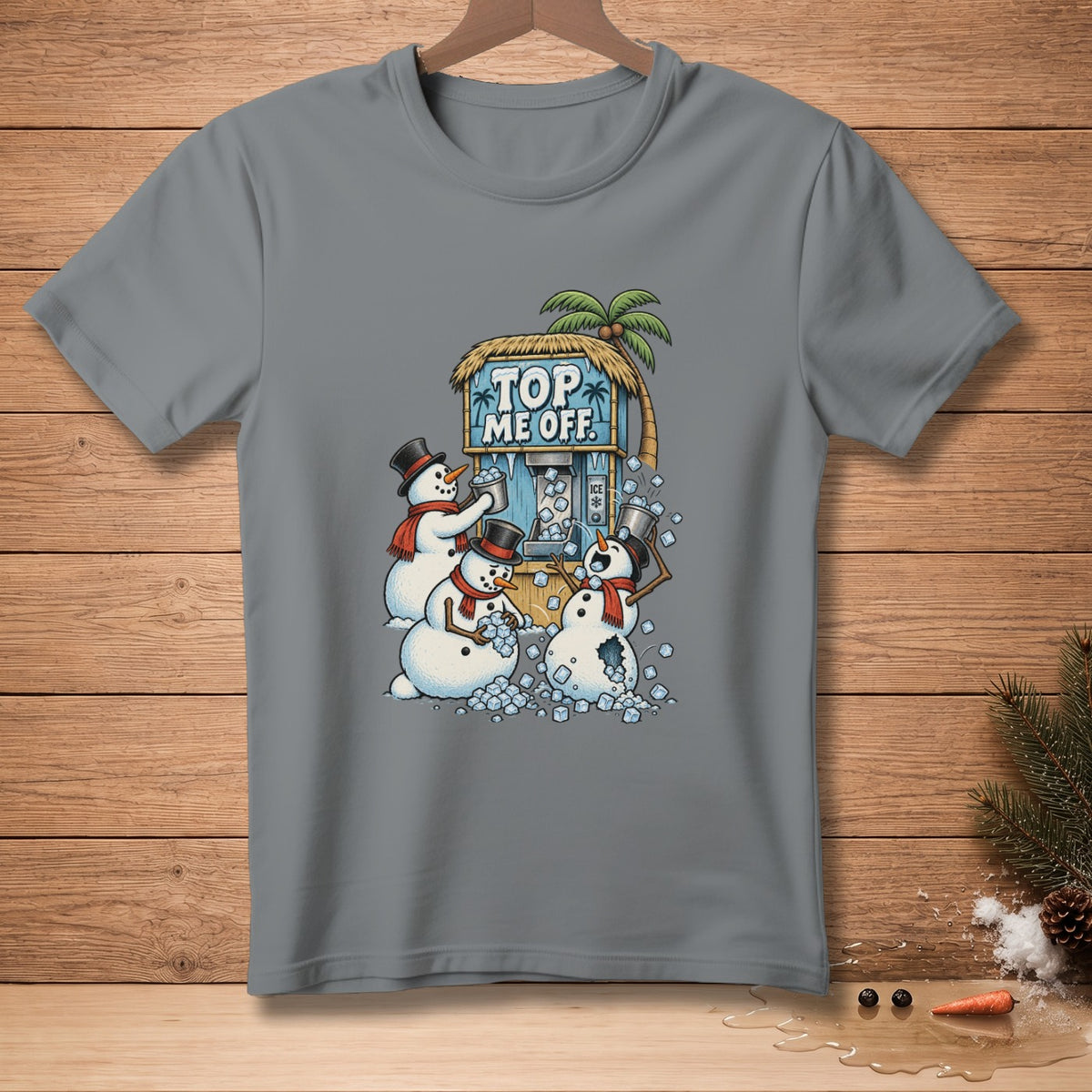 Snowmen filling buckets with ice at a tropical stand with text "TOP ME OFF."