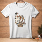 White t-shirt with illustration of two melting snowmen drinking beer, text "COLD ONES."