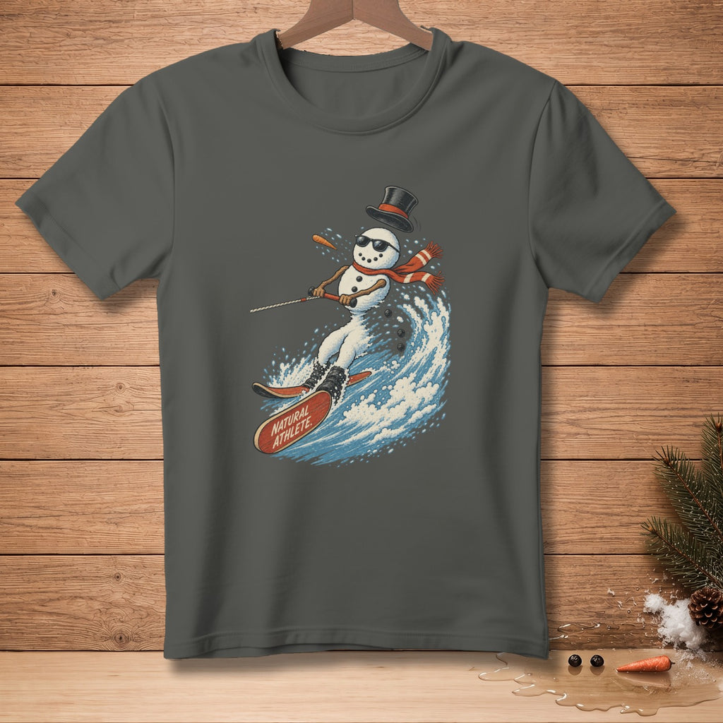 Snowman water skiing with "Natural Athlete" text on skis.