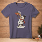 Melting snowman wearing a top hat and scarf eating pizza labeled "HOT & READY."