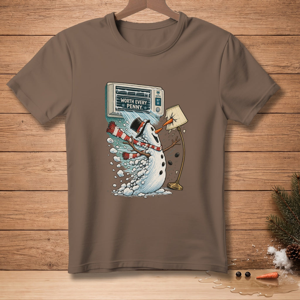 Snowman with scarf and hat melting under AC unit that reads "Worth Every Penny".