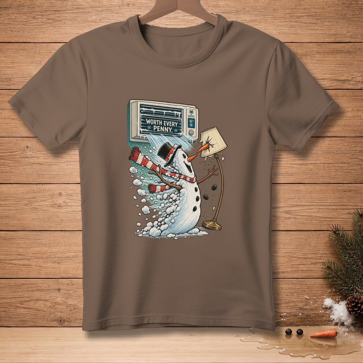 Snowman with scarf and hat melting under AC unit that reads "Worth Every Penny".