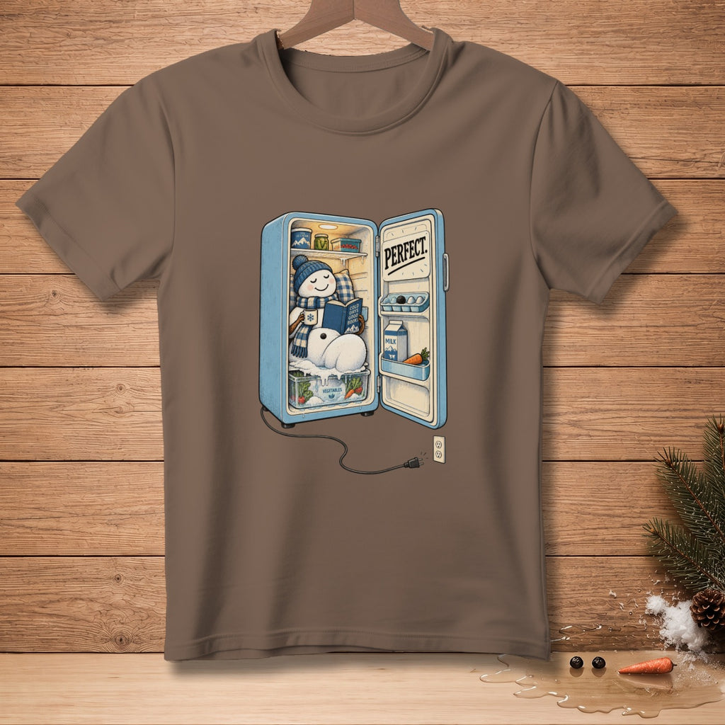 Illustration of a snowman reading in a refrigerator with "PERFECT." text.