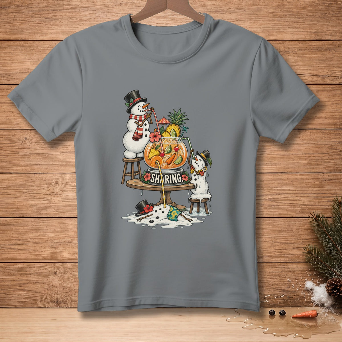 Snowmen sharing a tropical drink with "SHARING" text.