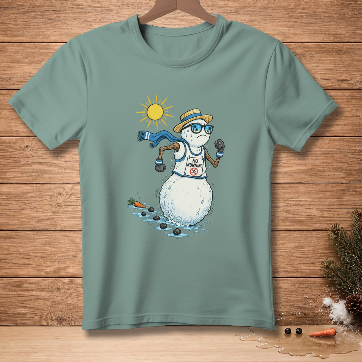 Melting snowman in a tank top that says "No Running" runs under a hot sun.
