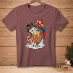 Snowman in Hawaiian shirt holding a drink with parrot saying "Save Some For Me."