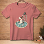 Melting snowman with scarf and hat climbing out of pool, word "ALMOST".