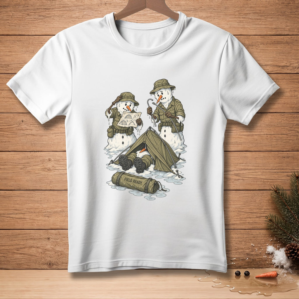 Snowmen in military gear with a tent and a bag reading "FIELD READY."