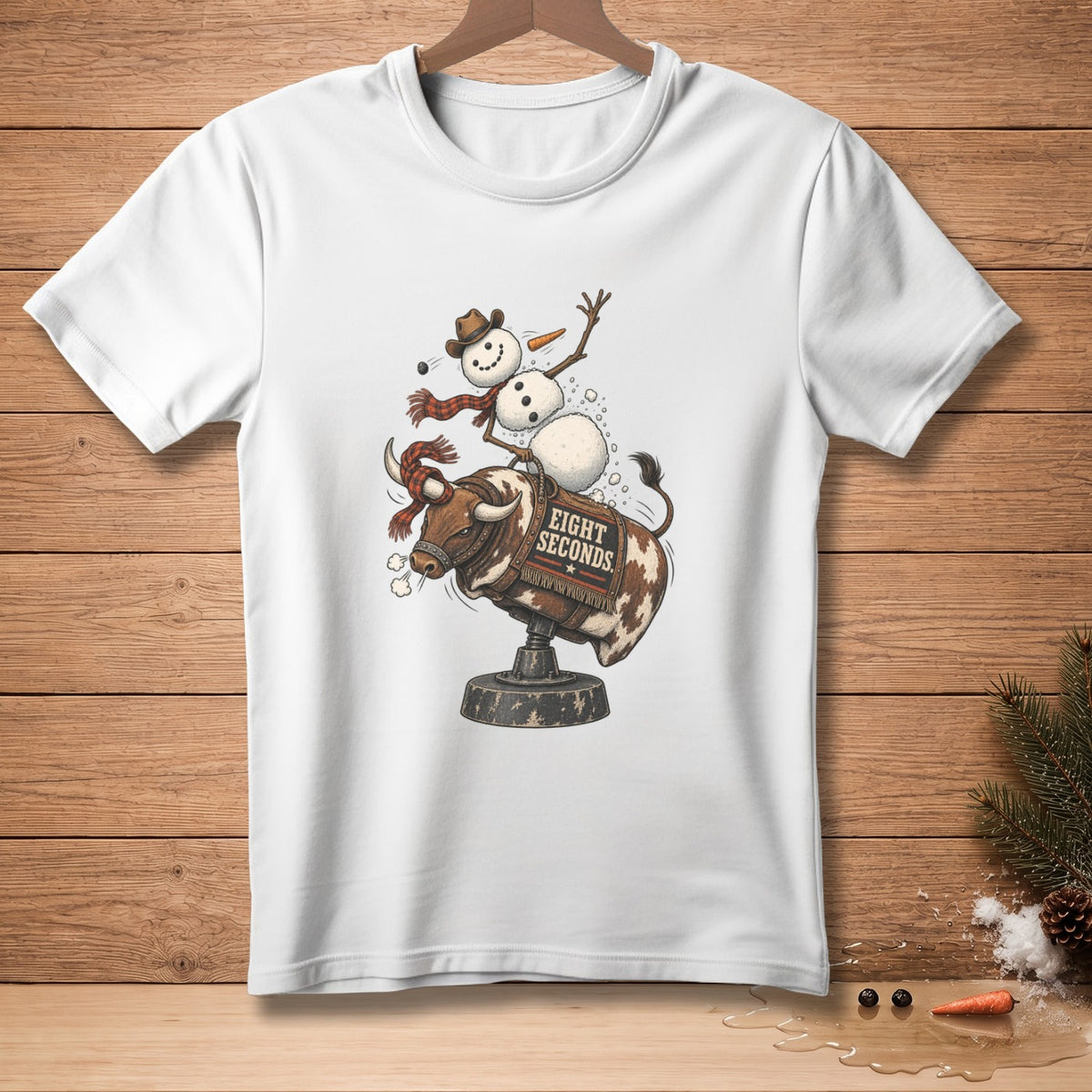 Snowman riding a mechanical bull with "Eight Seconds" text.