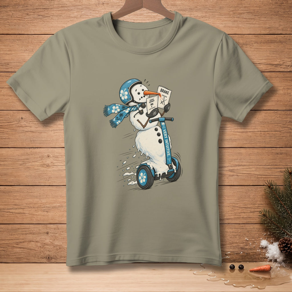 Snowman on Segway reading "Brake" and "Tropic Segway" manual, "Very Intuitive".