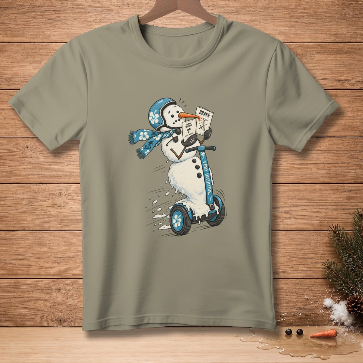 Snowman on Segway reading "Brake" and "Tropic Segway" manual, "Very Intuitive".