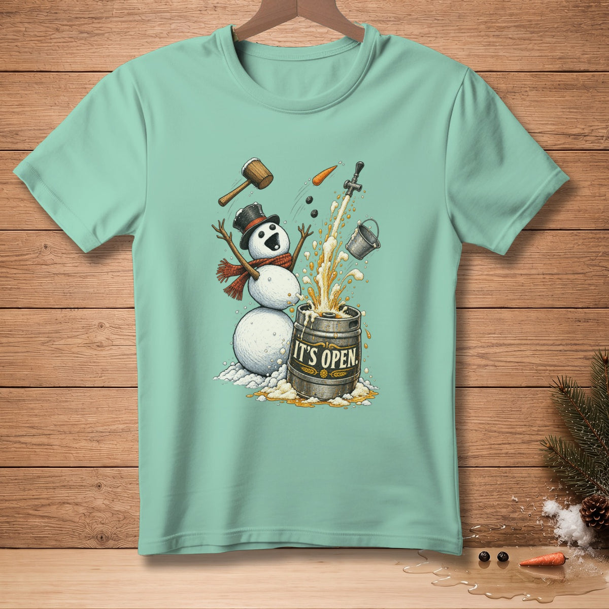Snowman opening a beer keg with text "It's Open" splattering beer.