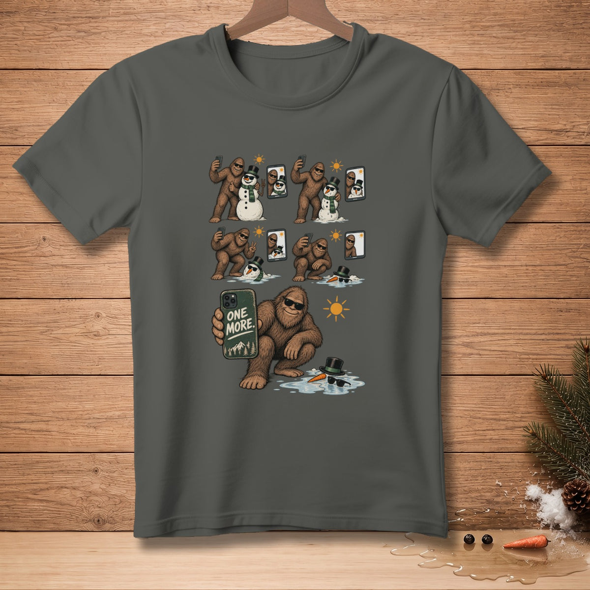 Bigfoot taking selfies with snowmen wearing sunglasses and hats.