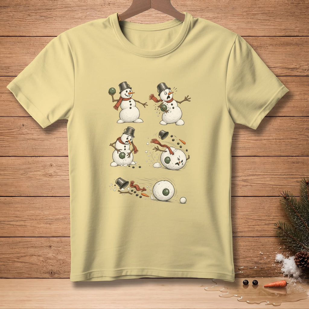 Illustration of snowmen in various stages of a snowball fight, with a fallen snowman rolling.