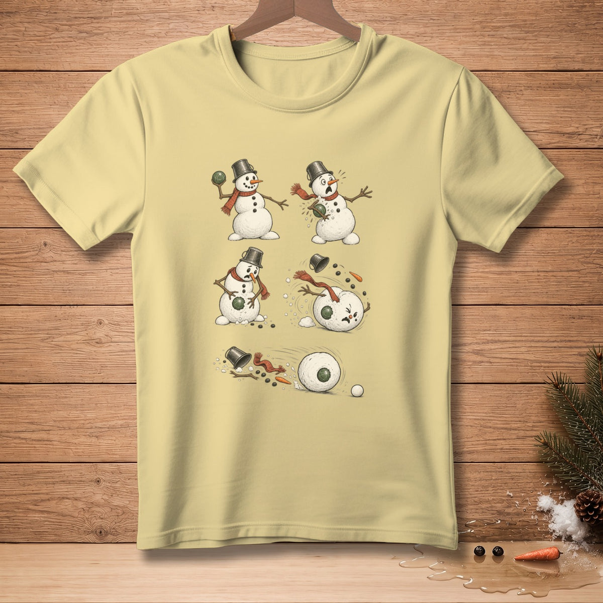 Illustration of snowmen in various stages of a snowball fight, with a fallen snowman rolling.