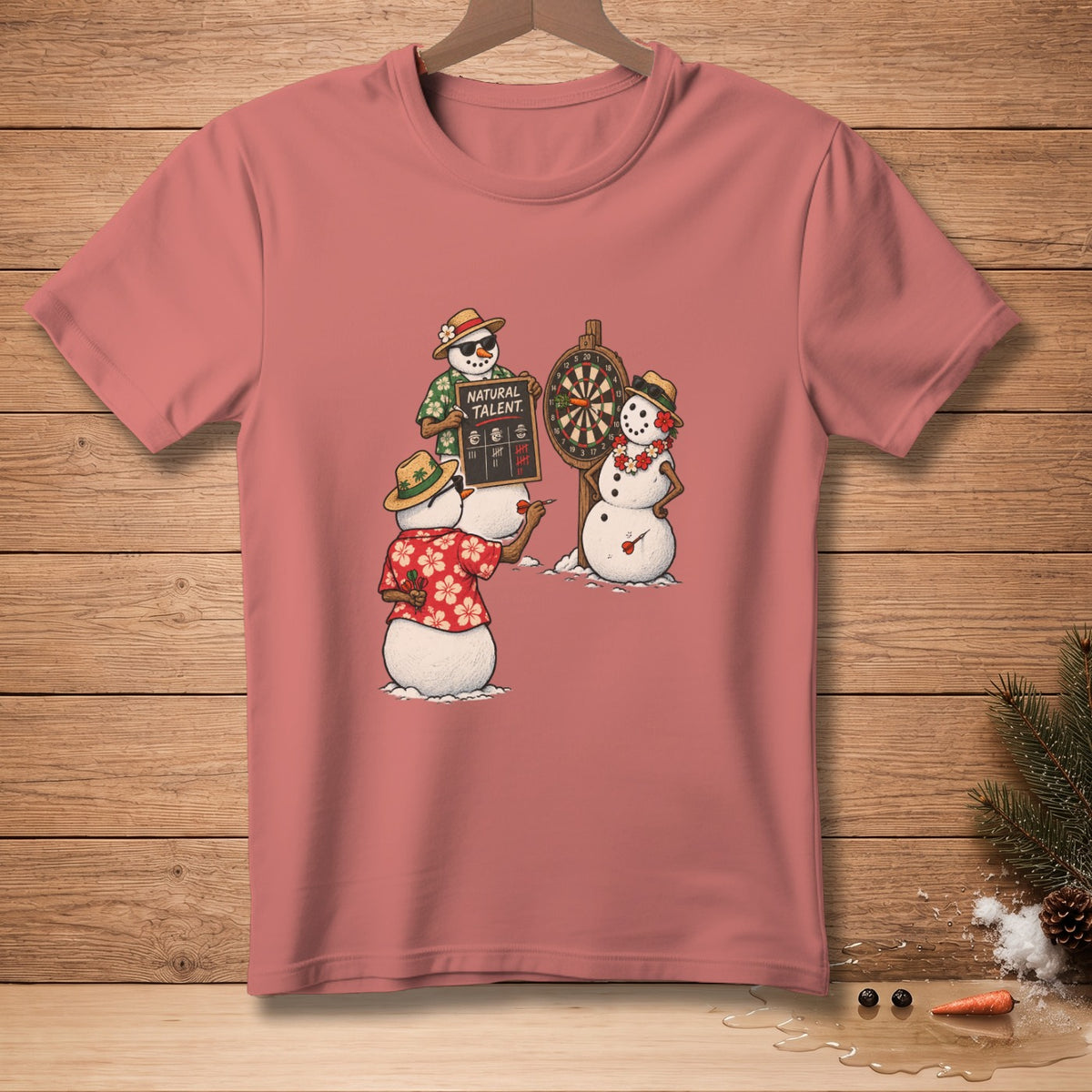 Three snowmen playing darts. One holds a scoreboard that reads "NATURAL TALENT."