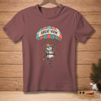 T-shirt with snowman parachuting with text "GREAT VIEW."
