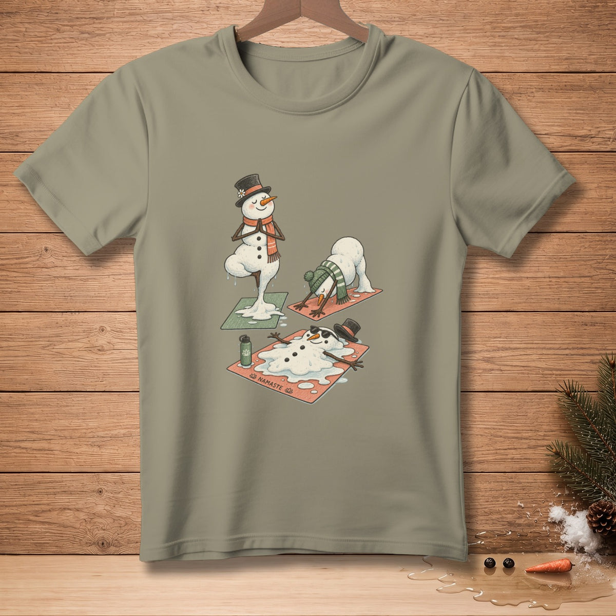 Three melting snowmen doing yoga on mats.