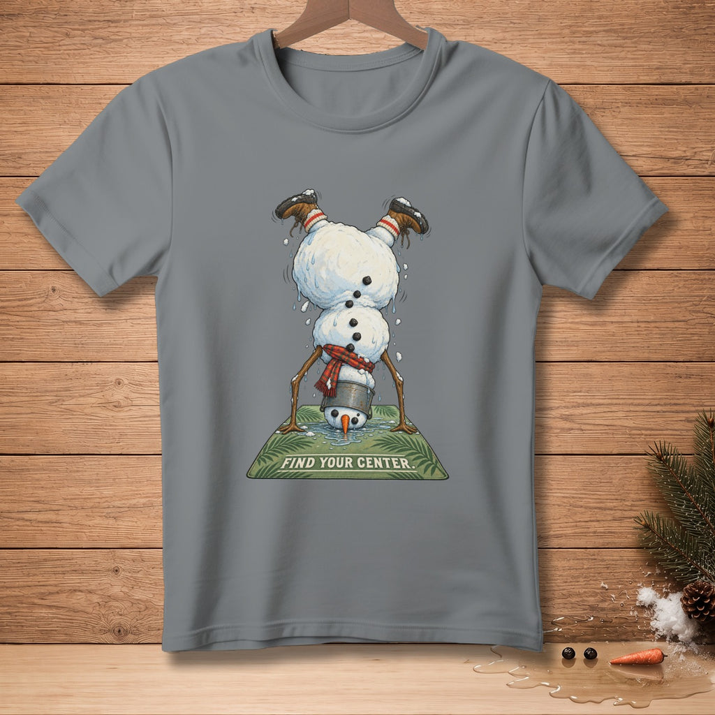 Gray t-shirt featuring a snowman doing a handstand on a yoga mat with text.