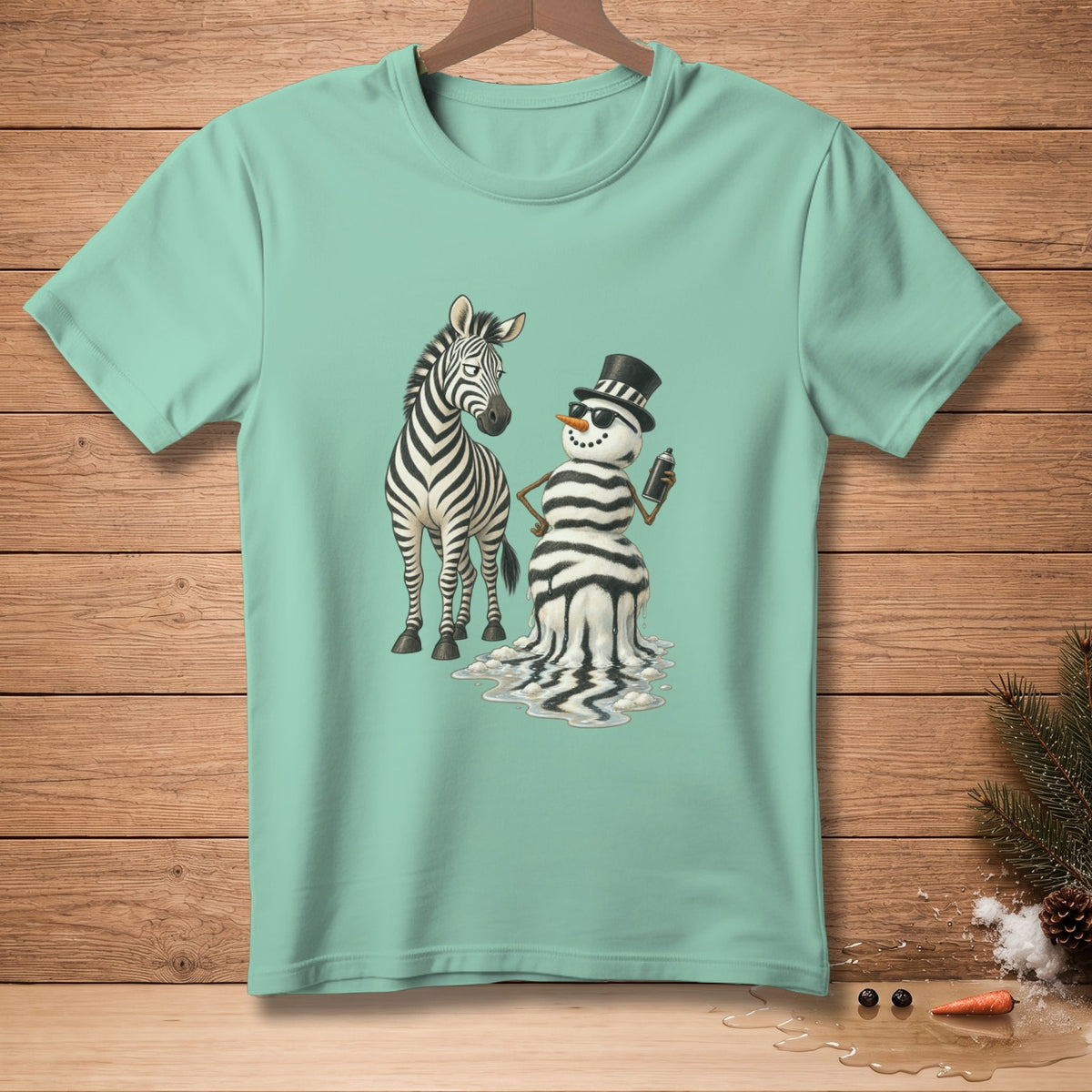 Zebra next to melting snowman wearing sunglasses and top hat with spray can.