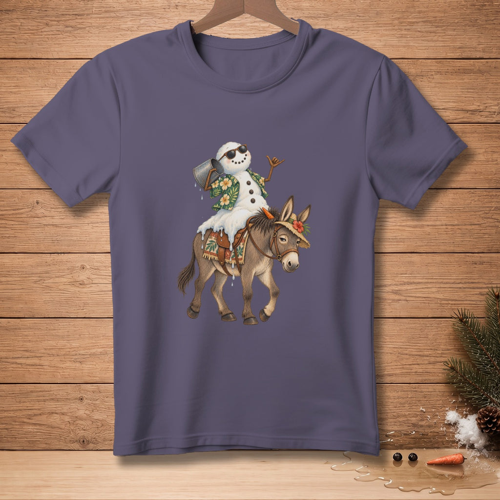 Snowman wearing sunglasses and Hawaiian shirt rides a donkey.