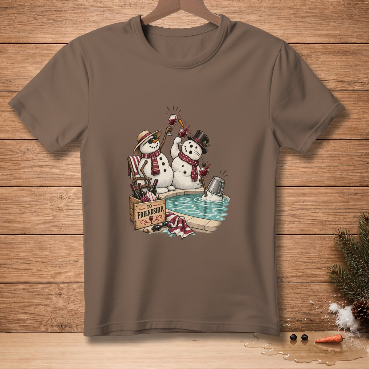 Two snowmen in a hot tub with wine, a wooden crate labeled "TO FRIENDSHIP."