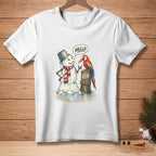 White t-shirt with a snowman and parrot illustration. Snowman says "HELLO.", parrot says "GOOD TALK."
