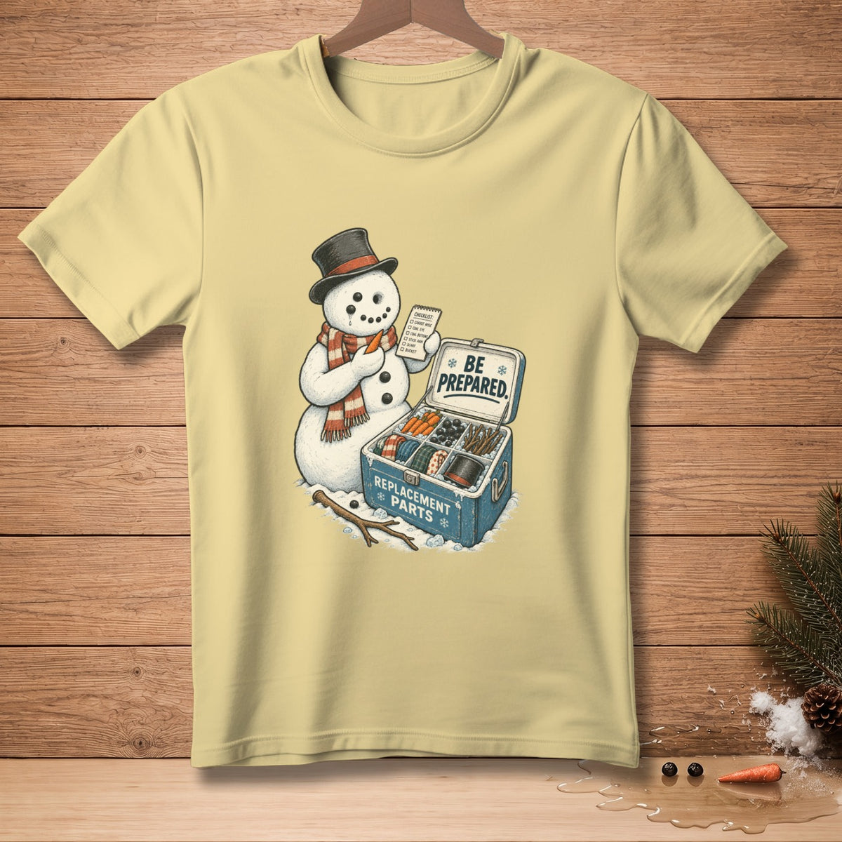 Snowman with hat and scarf holds a checklist next to an open box of "Replacement Parts".