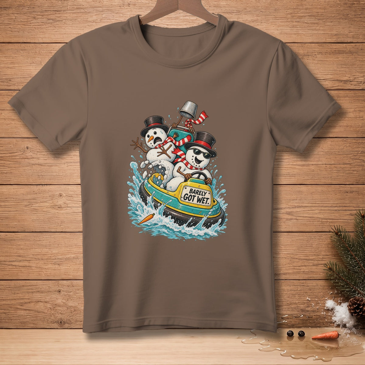 Three snowmen ride a jet ski with text "Barely Got Wet."