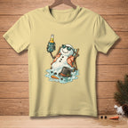 Melting snowman in a lounge chair holding a beer, with text "Protect What Matters".