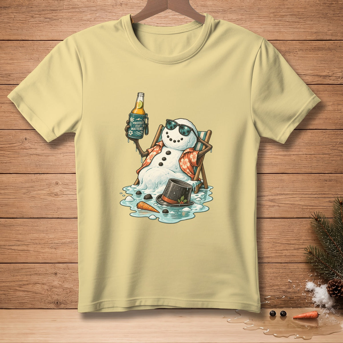 Melting snowman in a lounge chair holding a beer, with text "Protect What Matters".