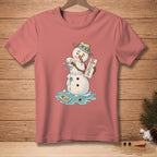 Melting snowman with hat holds "Wait 10 Seconds" sign, dripping water on a tropical card.