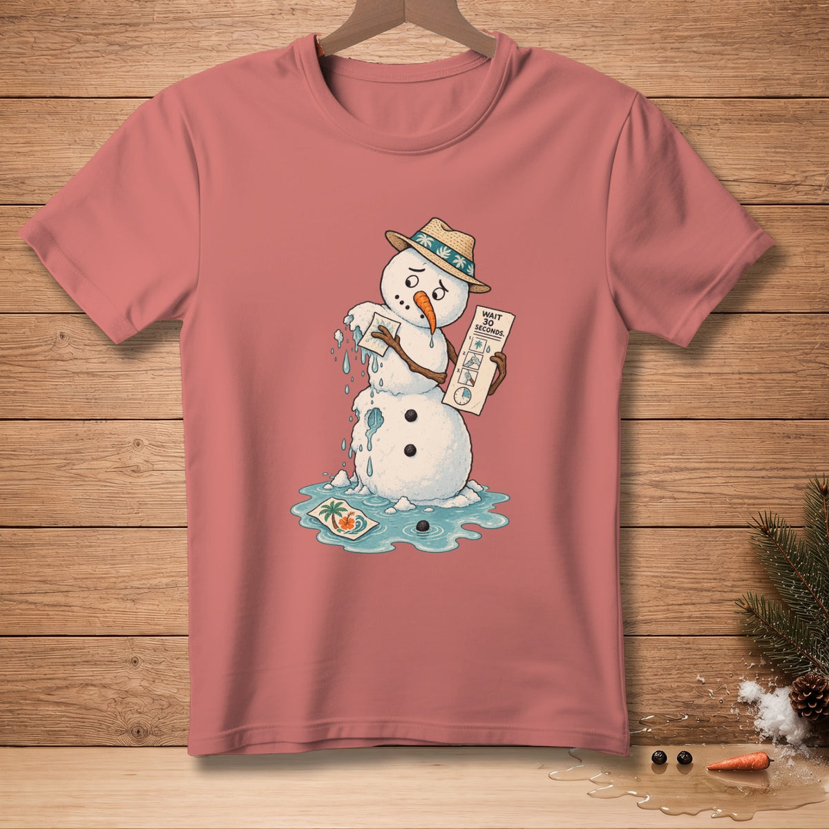 Melting snowman with hat holds "Wait 10 Seconds" sign, dripping water on a tropical card.