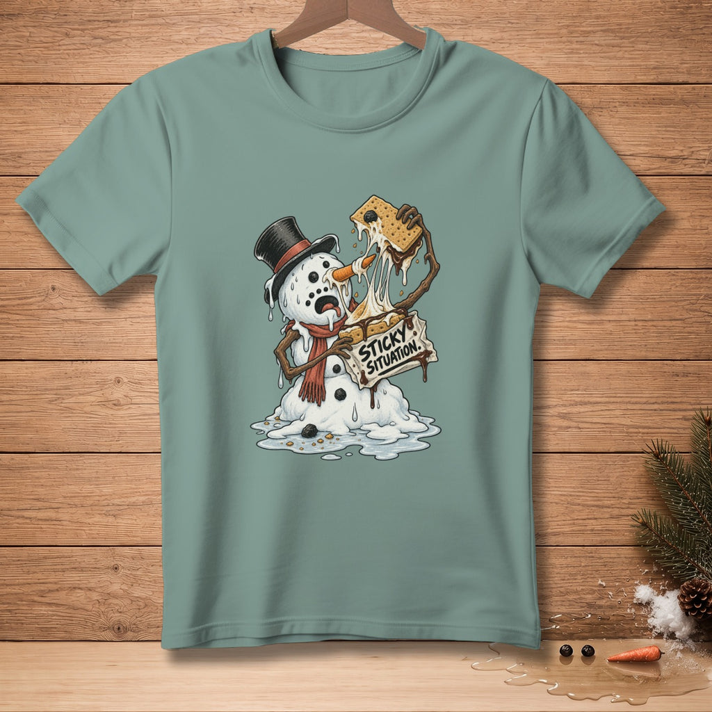 Melting snowman with a s'more and text "Sticky Situation."