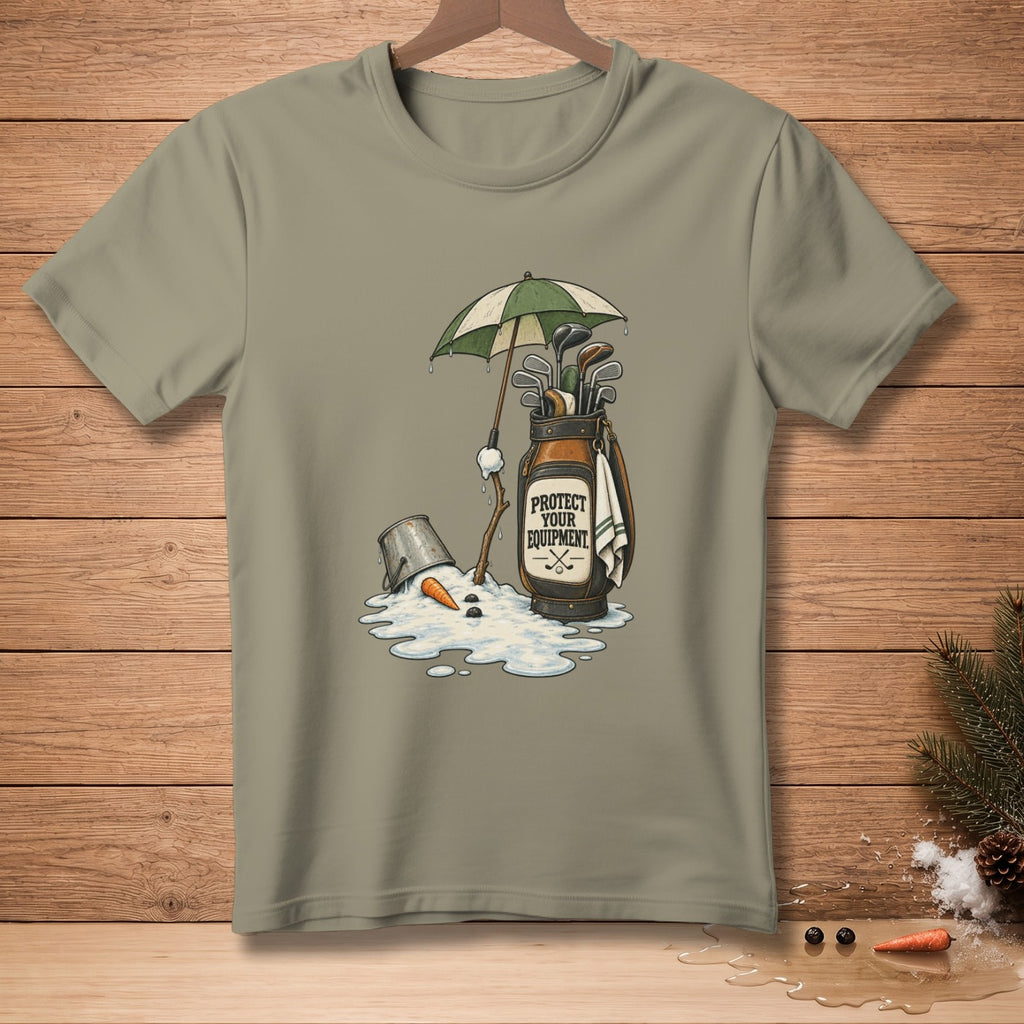 Melting snowman with bucket, carrot, and golf bag under umbrella.