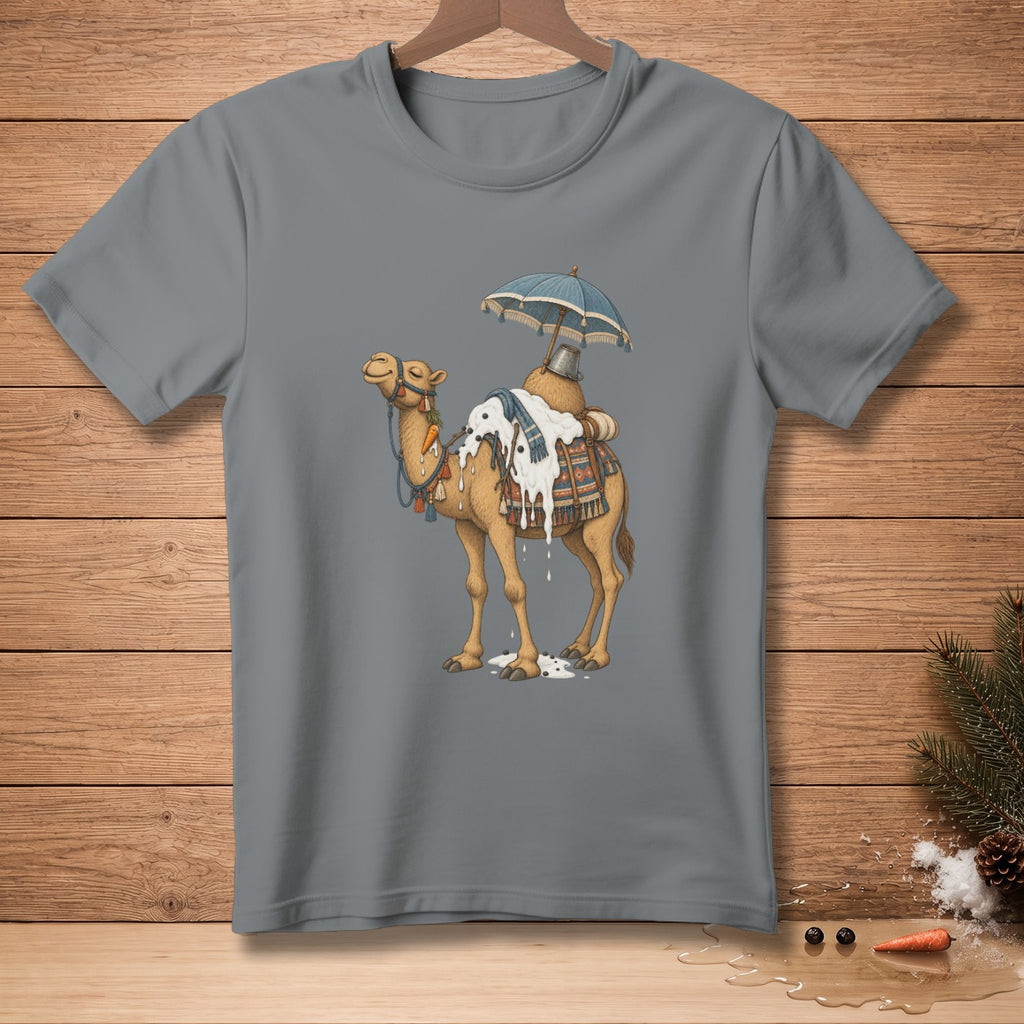 Camel with ice cream and umbrella design on a grey t-shirt.