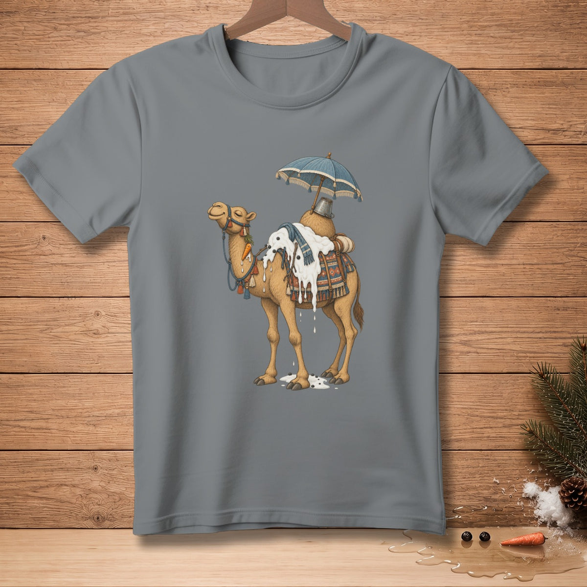 Camel with ice cream and umbrella design on a grey t-shirt.