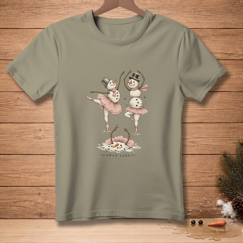 Snowmen in ballet tutus dancing on a melting puddle with "Swan Lake" text.