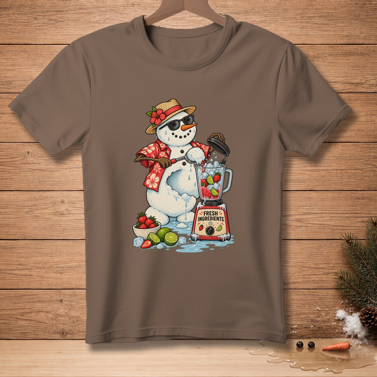 Snowman in Hawaiian shirt making a smoothie with a blender, strawberries, limes, and ice.