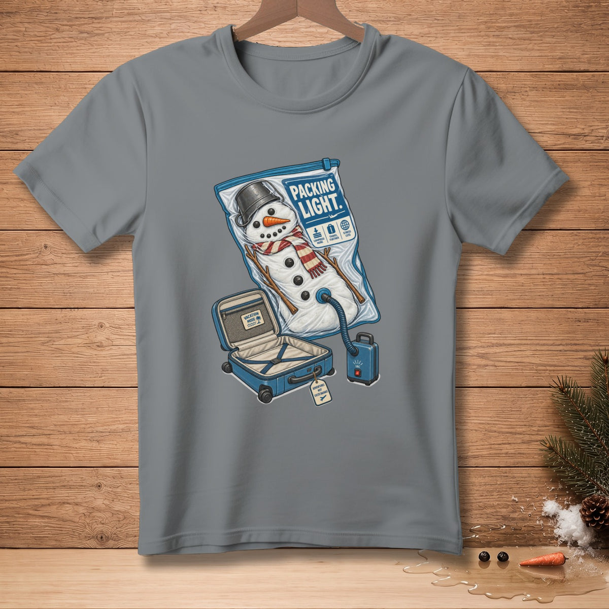 Snowman vacuum-sealed in a bag with "Packing Light." text and suitcase.