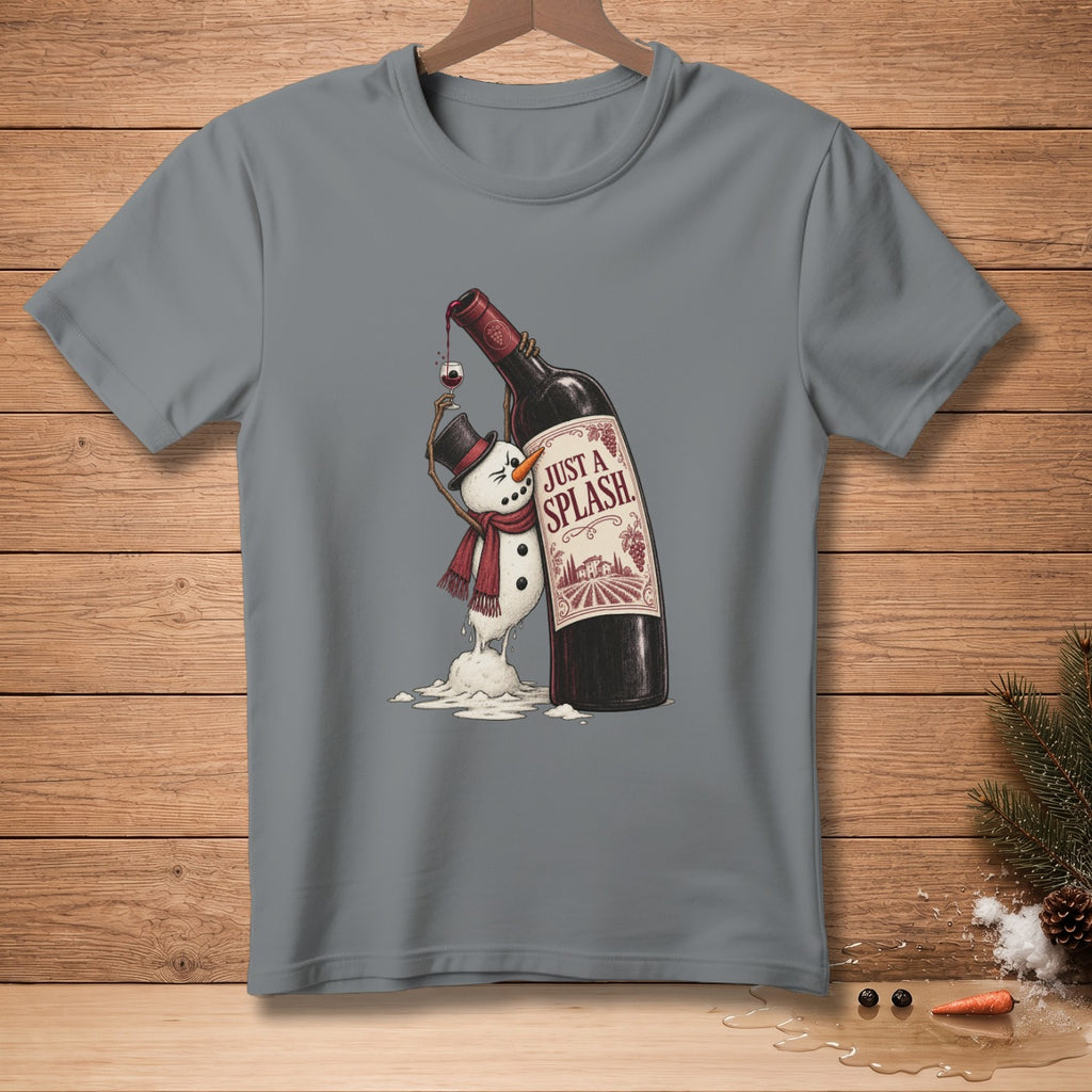 Melting snowman with wine bottle graphic that reads "Just a splash."